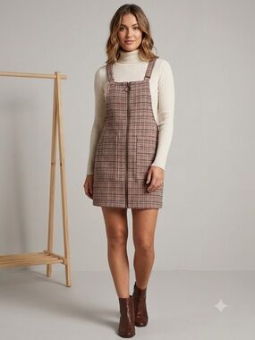 allison & kelly Plaid Pinafore Dress in Beige, Tan, Red, and Black, Size Large